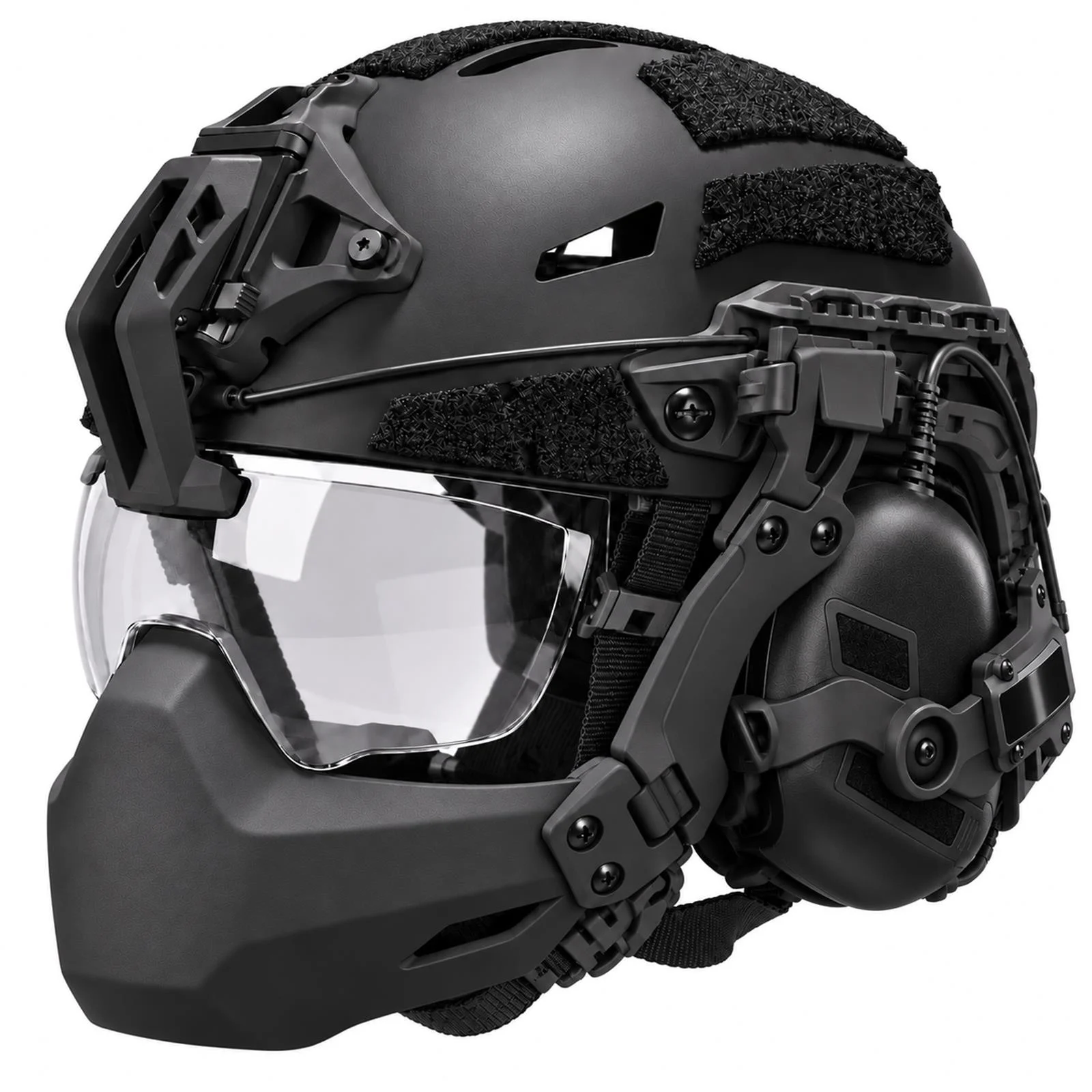 Airsoft Tactical Helmet Set Noise Reduction Headset Visor Mask Foldable Chin Guard Quick Adjust Suspension Padded for Cosplay