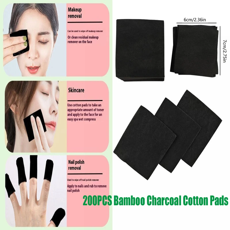 200PCS Disposable Black Makeup Remover Pads Facial Skin Wipe Cleaning Cotton Pad Cotton Bamboo Charcoal Wet Compress Cotton Pad