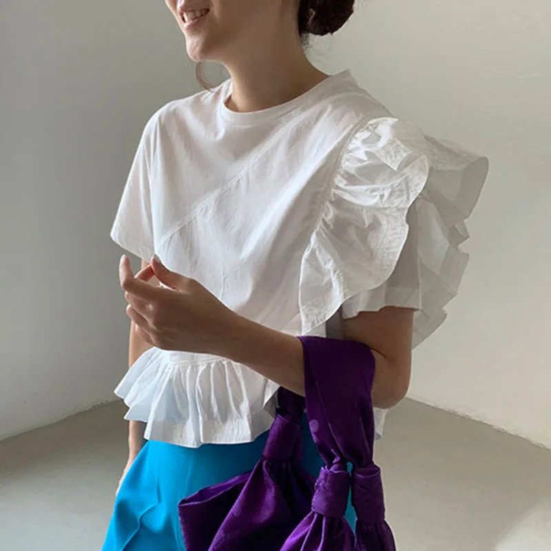 

Chic Summer Loose Casual Short Sleeve round Neck Splice Design Ruffle Shirt Women's Premium Fashion Pure Color Top
