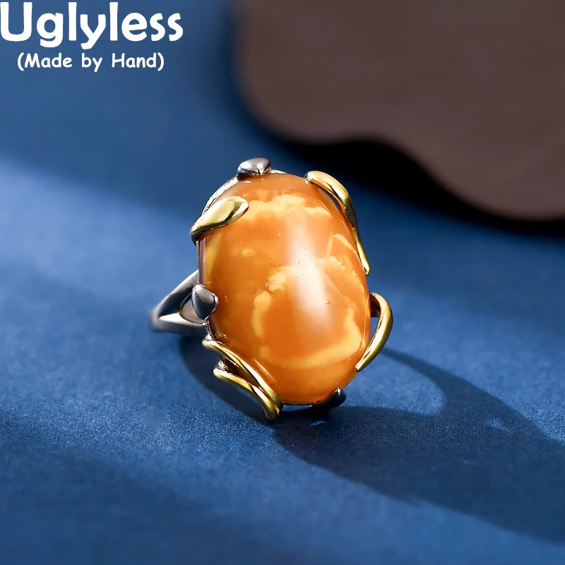 

Uglyless Natural Old Beeswax Rings for Women Chicken Oil Amber Rings Real 925 Sterling Silver Elegant Lady Fashion Jewelry Big