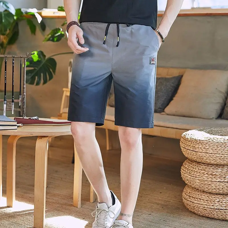 Korean Trend Summer Casual Shorts Men Elastic Waist Drawstring Contrast Pockets High Street Knee Length Straight Short Pants