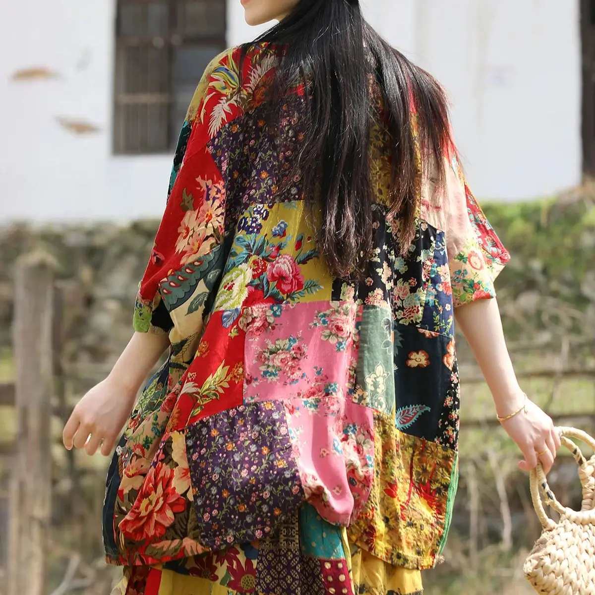 LZJN Top estivo ampio in puro cotone patchwork con camicia unica a maniche corte girocollo in stile etnico stampato di grandi dimensioni