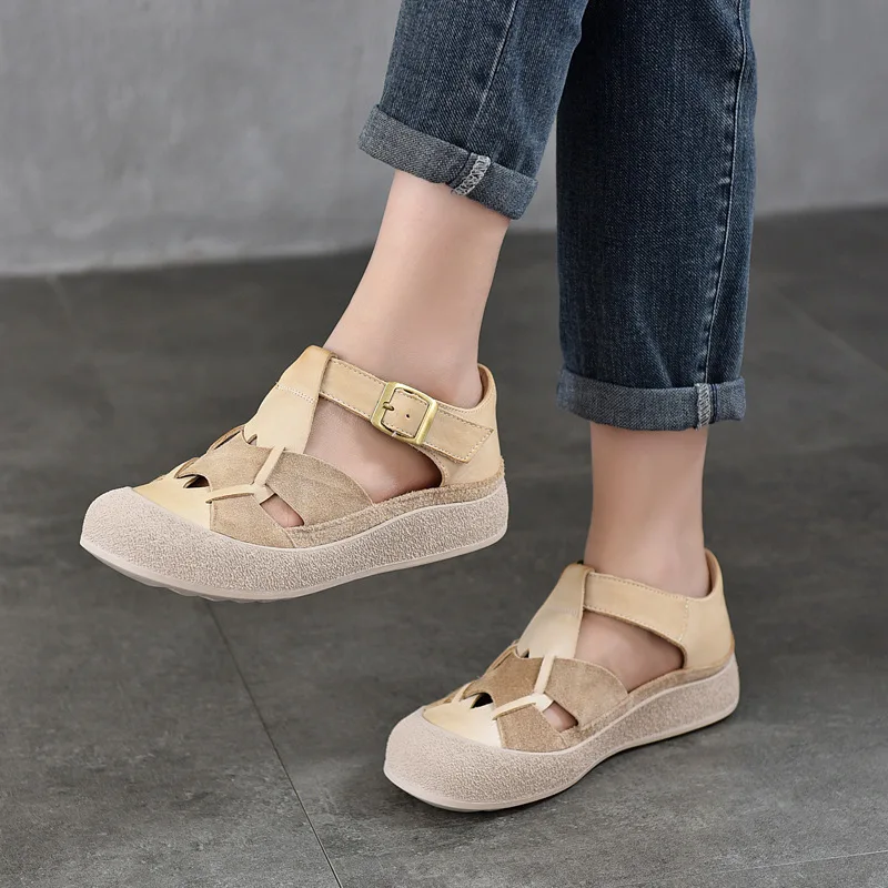 Koznoy 3,5 cm 2025 tejido de vaca gamuza sandalias planas de cuero genuino señoras verano cómodo étnico mujeres plataforma cuña zapatos de moda