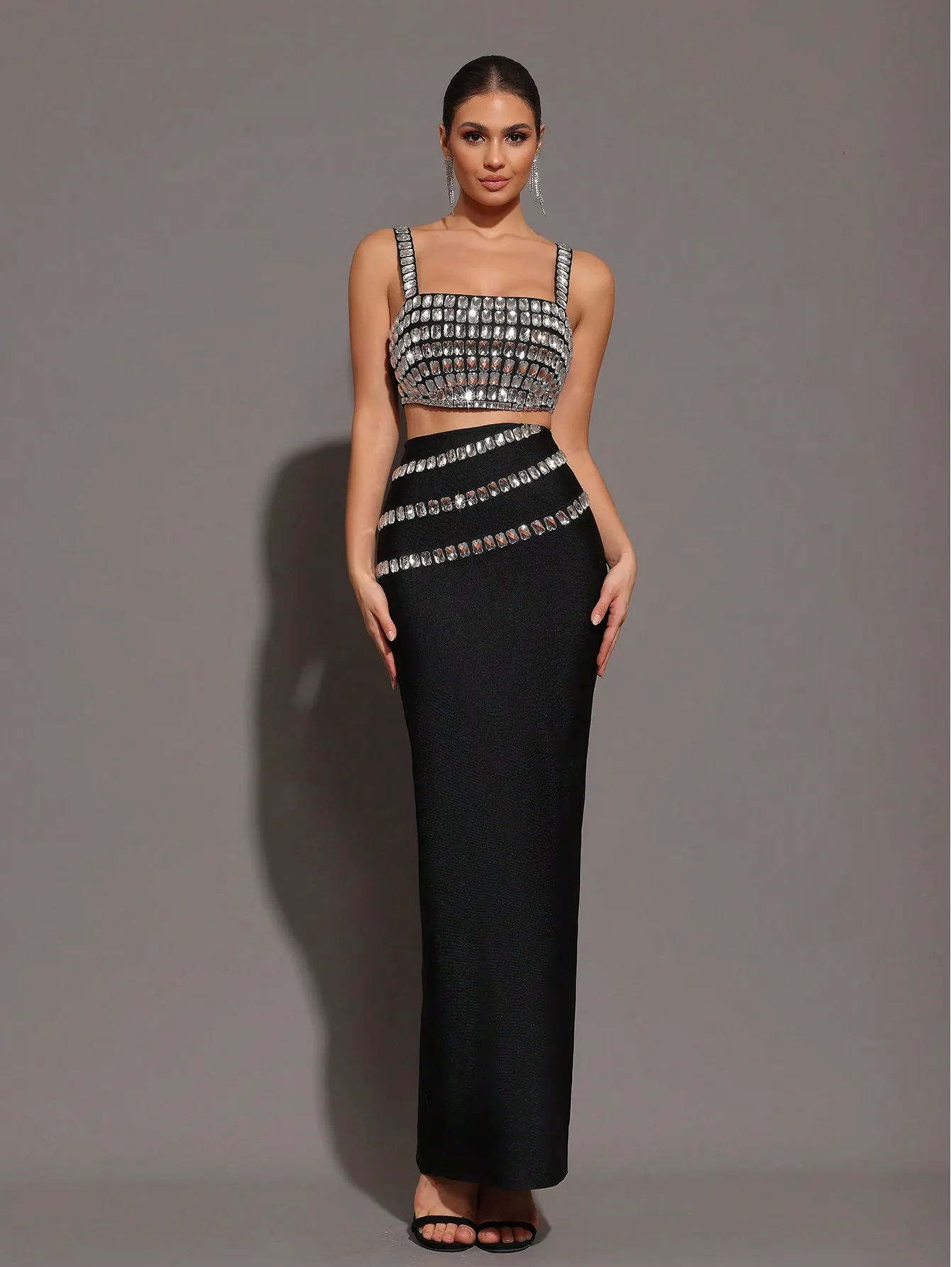 

Sparkling Rhinestone Crop Top and High-Waist Maxi Skirt Two-Piece Set