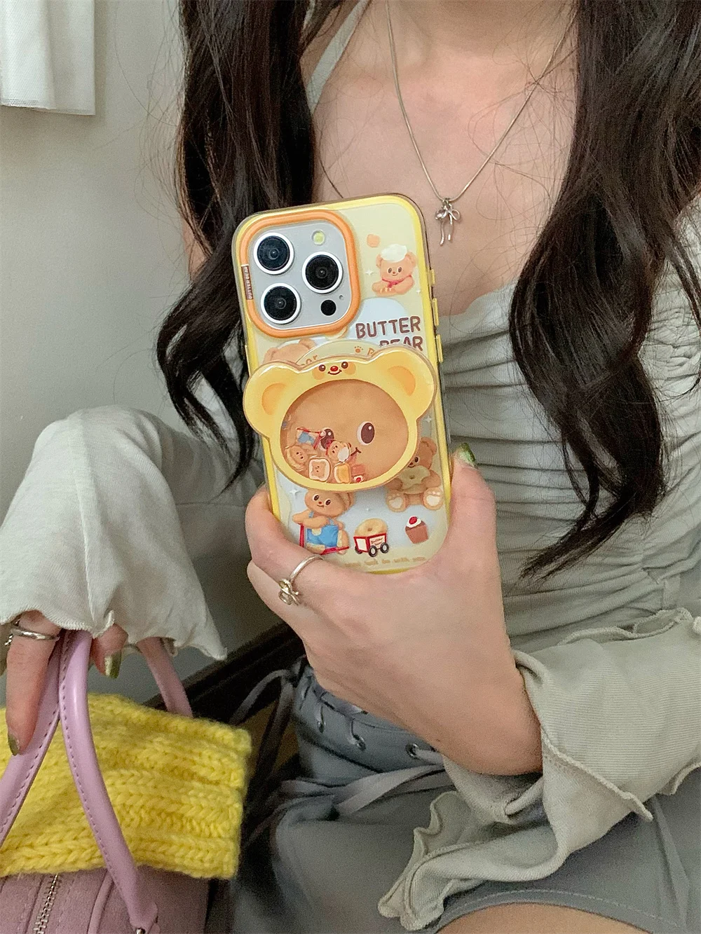 Magnetic Holder Phone Case for Iphone16 15 14 13ProMax 3D Cartoon Butter Bear High Quality  Shockproof Soft Cute Anti-drop Cover