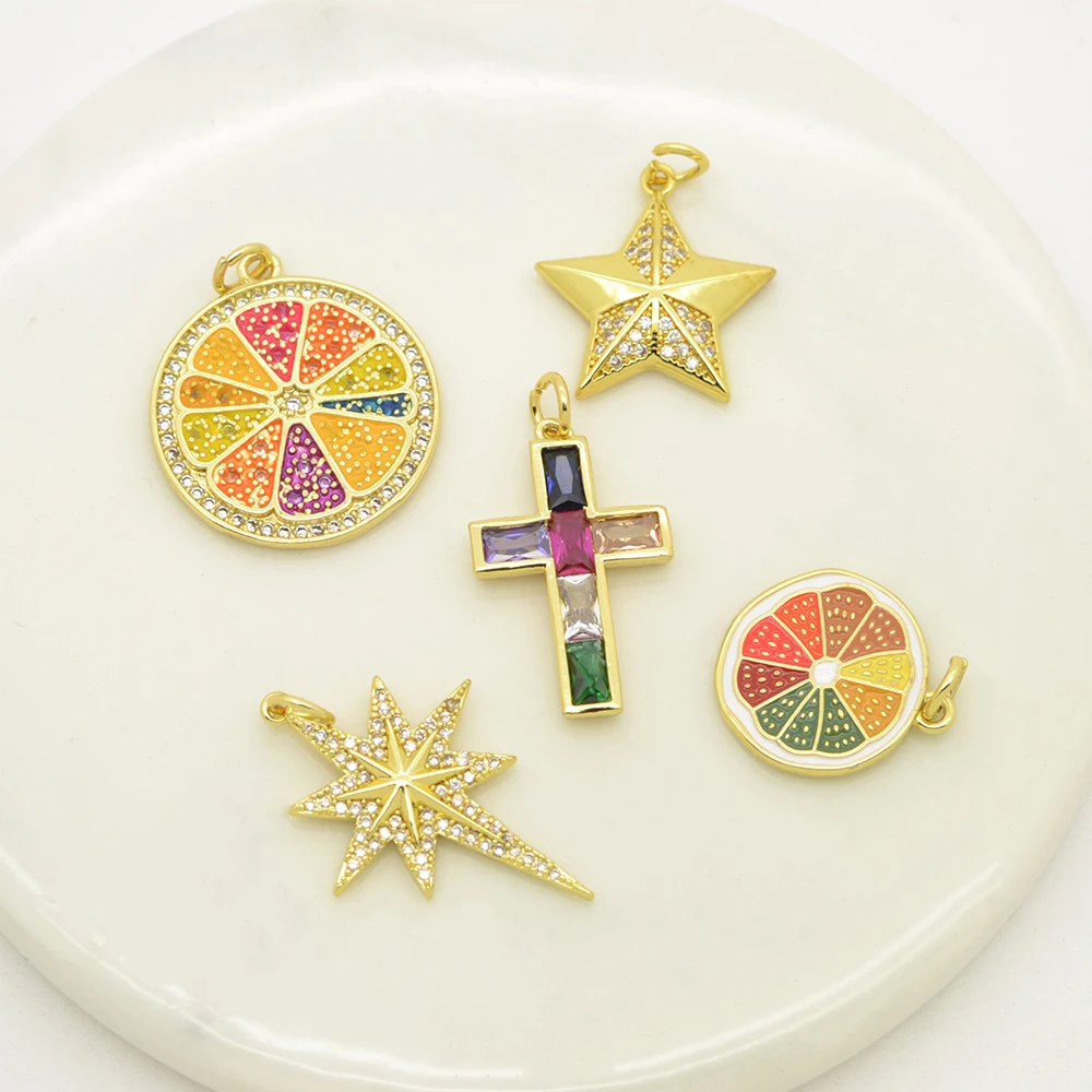 

1Pcs Micro Inlay Colorful Zircon Pendant for Diy Earring Necklace Making Brass Plated Cross Star Lemon Element Charm Accessories