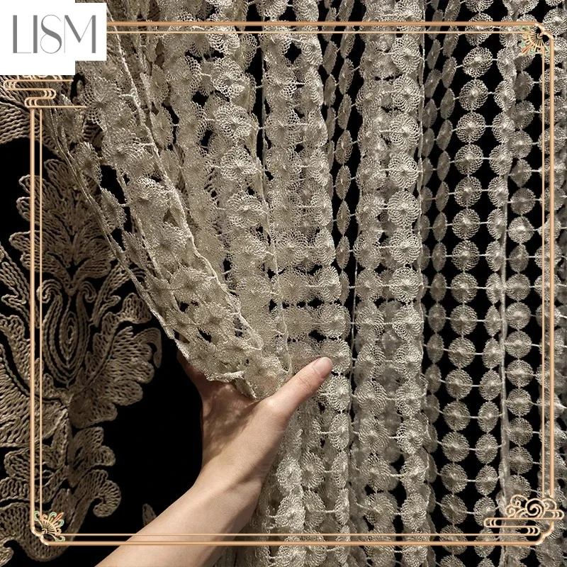 Golden Window Screen Curtains For Living Room Luxury High-end Tulle French Villa Curtains Bedroom Balcony Hollow Yarn Custom