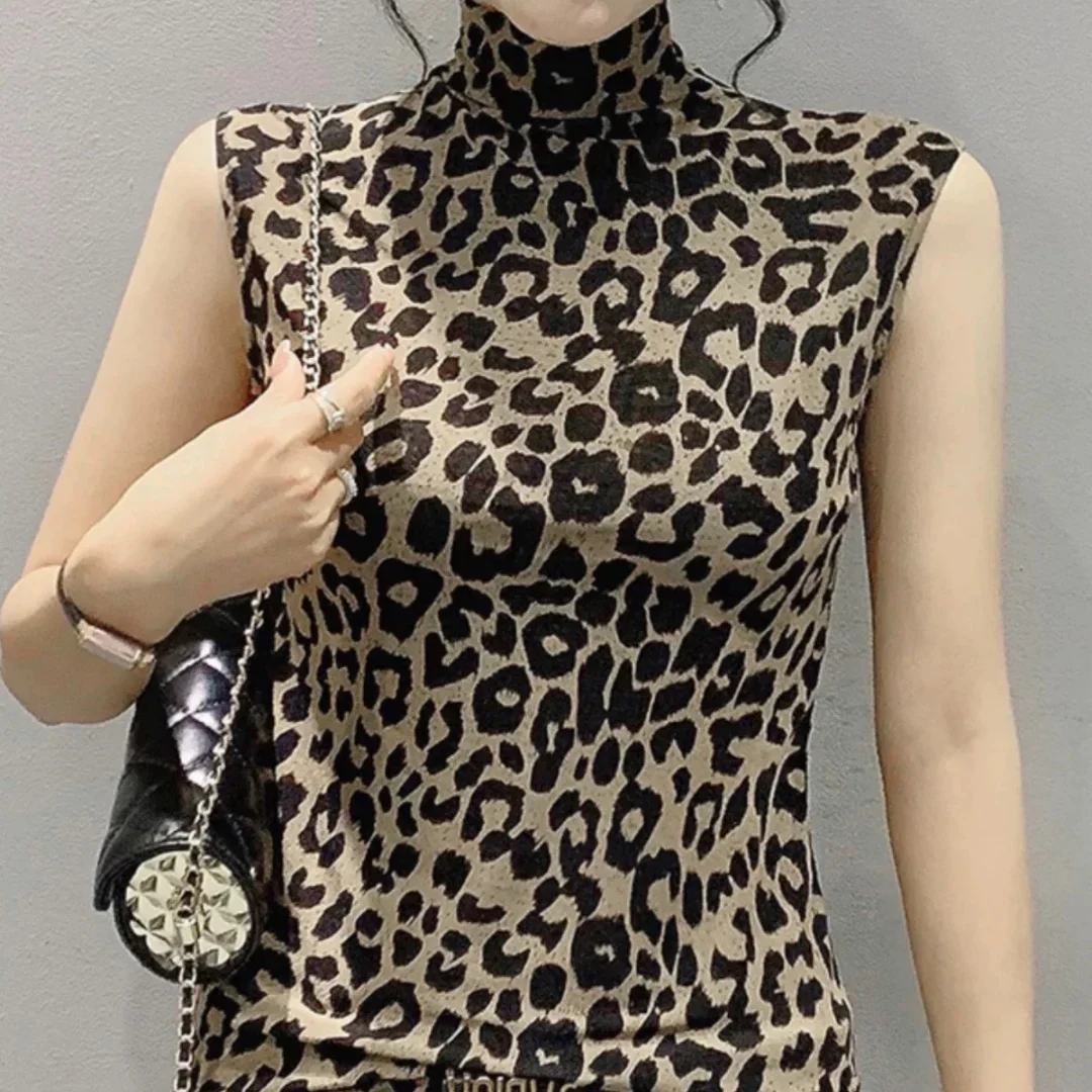 

Женский базовый жилет без рукавов с леопардовым принтом; теплая осенне-зимняя новая свободная футболка большого размера с полувысоким воротником