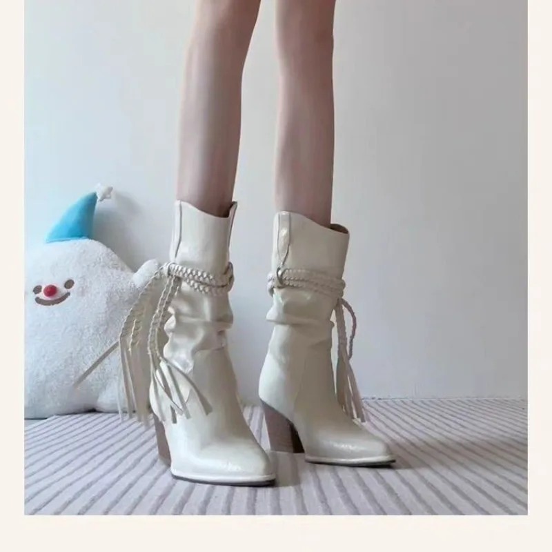 

Retro Tassel Mid-Tube Knight Boots 2025 Autumn New Block Heel Skinny Women's Boots