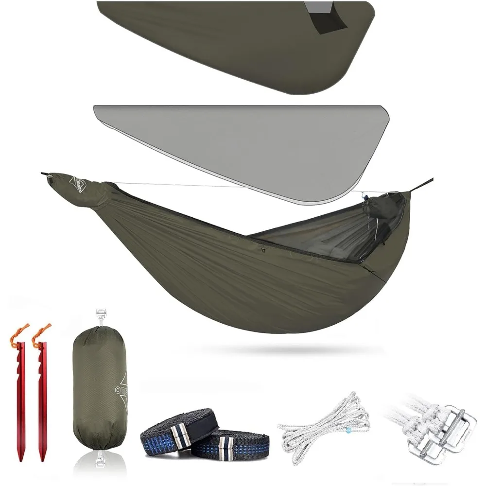 Portable Camping Hammock with Mosquito Net, Windsock & Tree Straps for Winter Hiking Backpacking in OD Green
