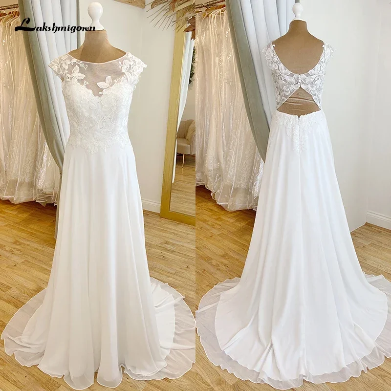 

Boho Simple A-Line Wedding Dress For Women Illusion O-Neck Backless Button Lace Appliques Chiffon Bride Sweep Cap Sleeve vestido
