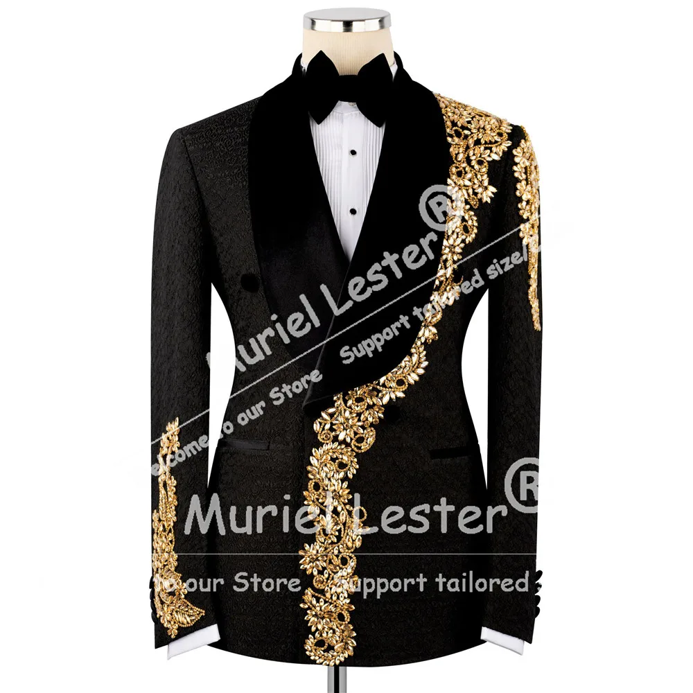 

Luxury Suits Men Jacquard Beaded Stones Double Breasted Blazers Customized Groom Formal Wear Tuxedos 2 Piece Sets Ropa Hombre