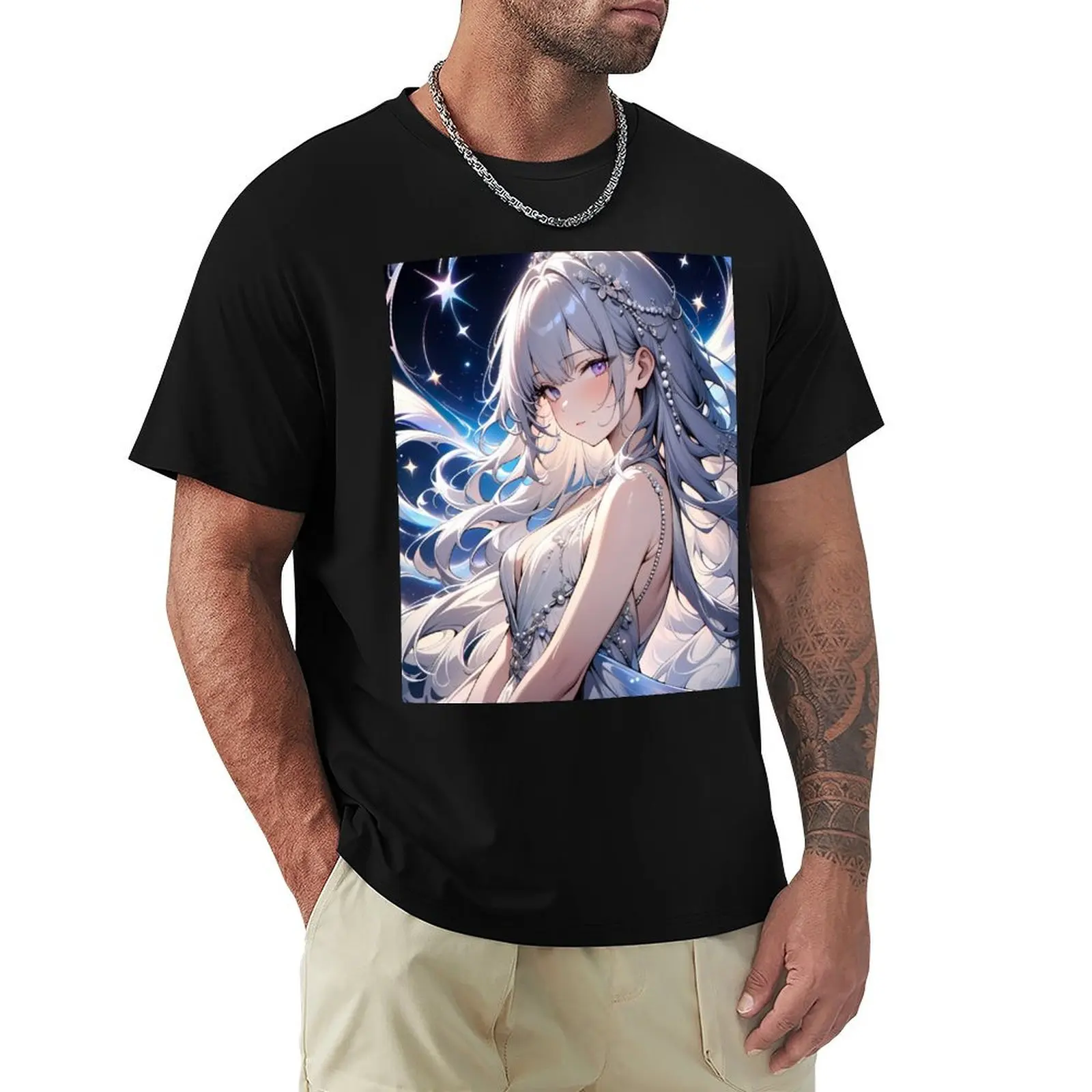 Anime Girl Portrait with Silver Hair and Pearls T-shirt heavyweights boys animal print graphics mens funny t shirts