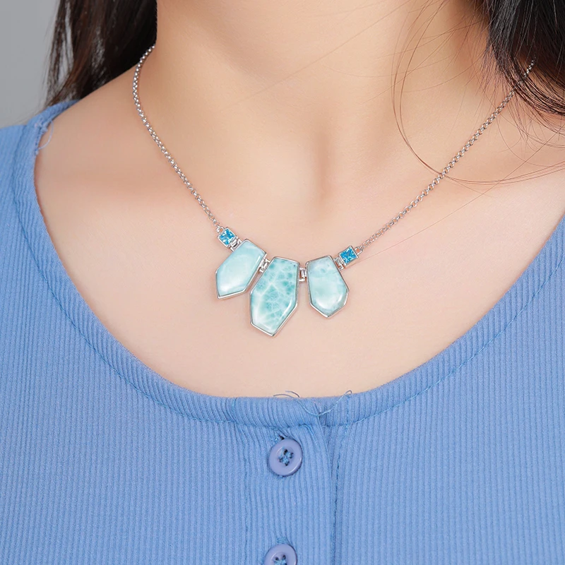 Genuine Natural Larimar Stone Pendant Jewelry For Women Gift Blue Zircon Crystal Gemstone Necklace Fine Jewelry