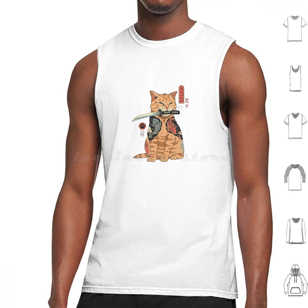 Catana camisetas sin mangas blancas chaleco sin mangas gato tatuaje Yakuza Katana Catana japonés Japón arte Original Animal