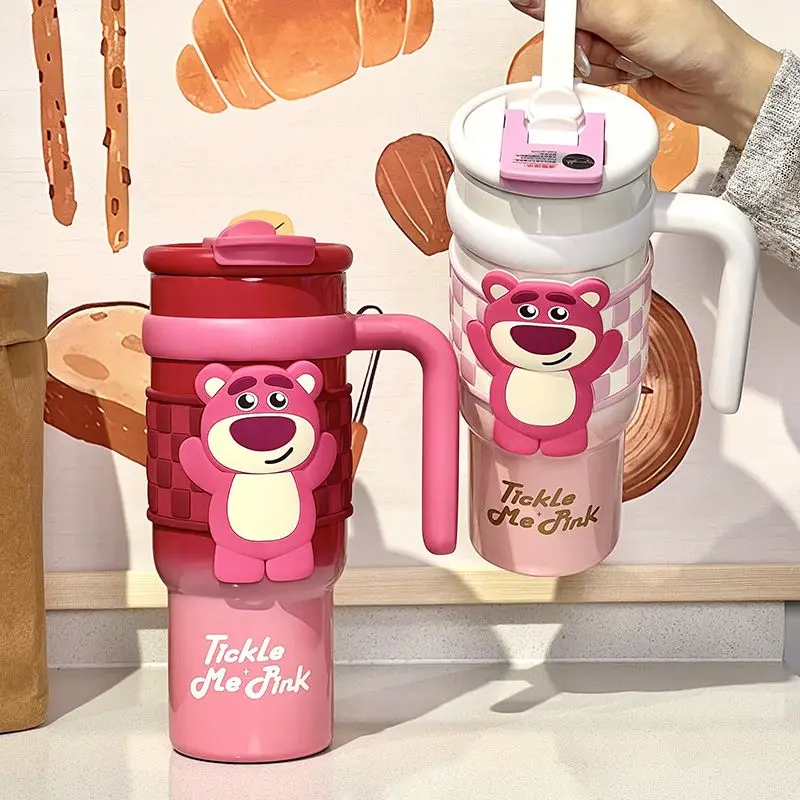 

New Cartoon Disney Cute Strawberry Bear Large Capacity Thermos Cup 316 Stainless Steel Straw Cup Steel Coffee Drinking Cup Gift