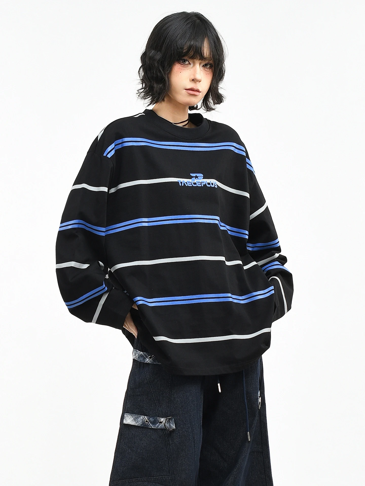 

Оригинальная американская ретро-футболка OV в полоску с цветными блоками, круглым вырезом и длинным рукавом, женская, весенняя, свободного кроя, больших размеров, базовая модель для пар