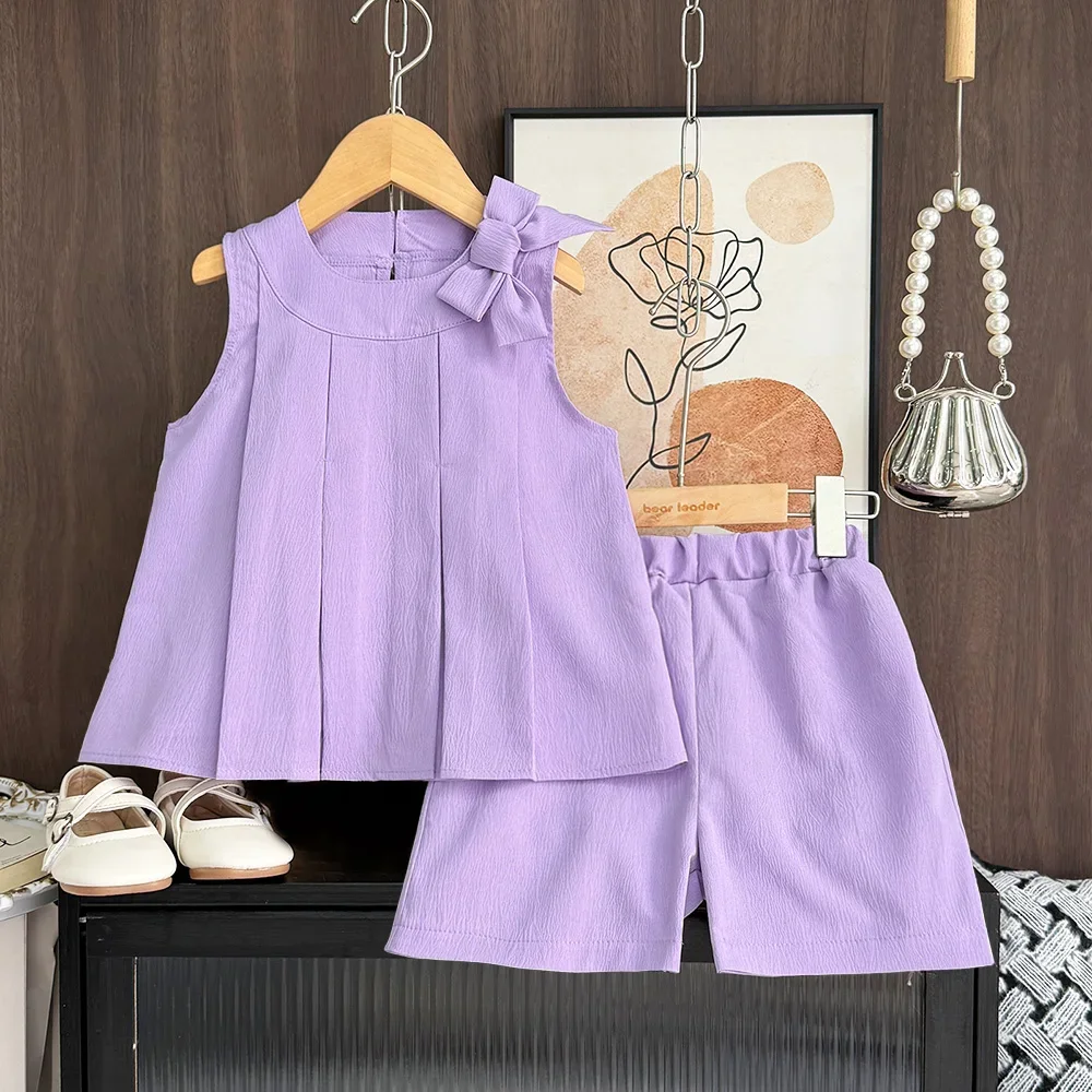 Fashion Summer New Kids Clothes Bow Sleeveless Vest+Shorts Children 2 Pcs Set Summer 3-7Y Girl Casual Wear