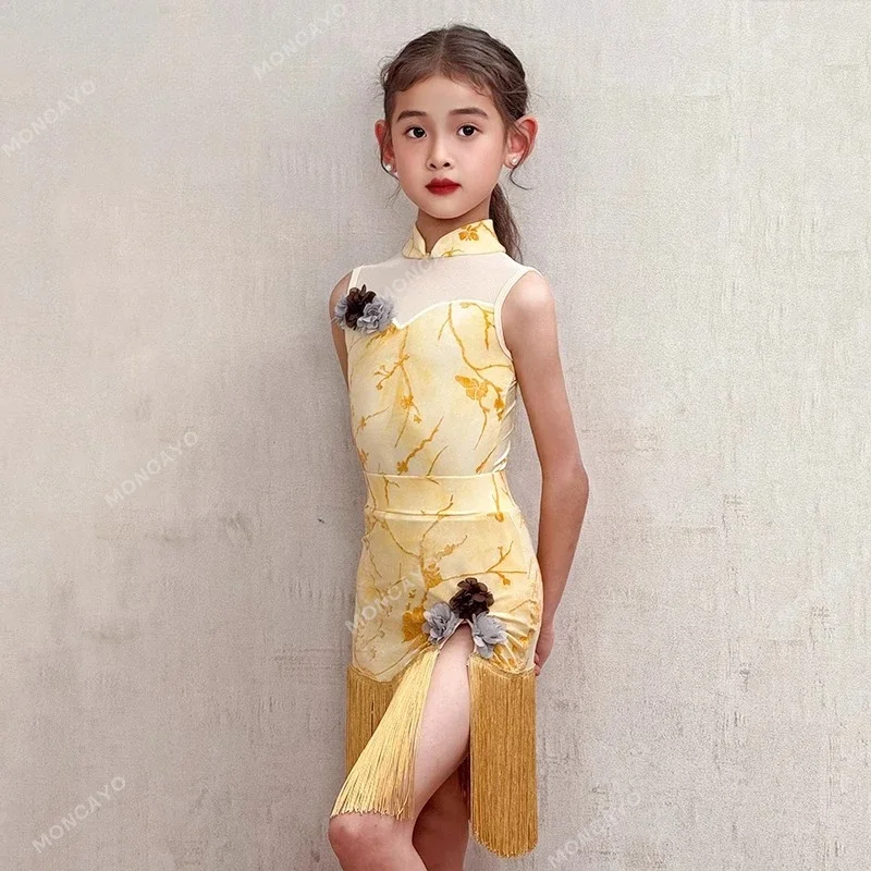 

Latin Dance Costume Girls Fringe Salsa Cha Cha Rumba Dance Dress Girls Tango Ballroom Dress Standard Kids Latin Practice Dress