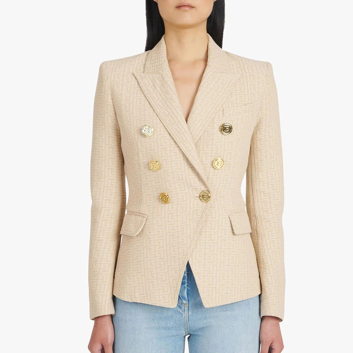 

Spring and Autumn 2023 New Fashionable Small Suit Double Line B Buckle Short Jacquard Top Temperament Commuter Coat Women