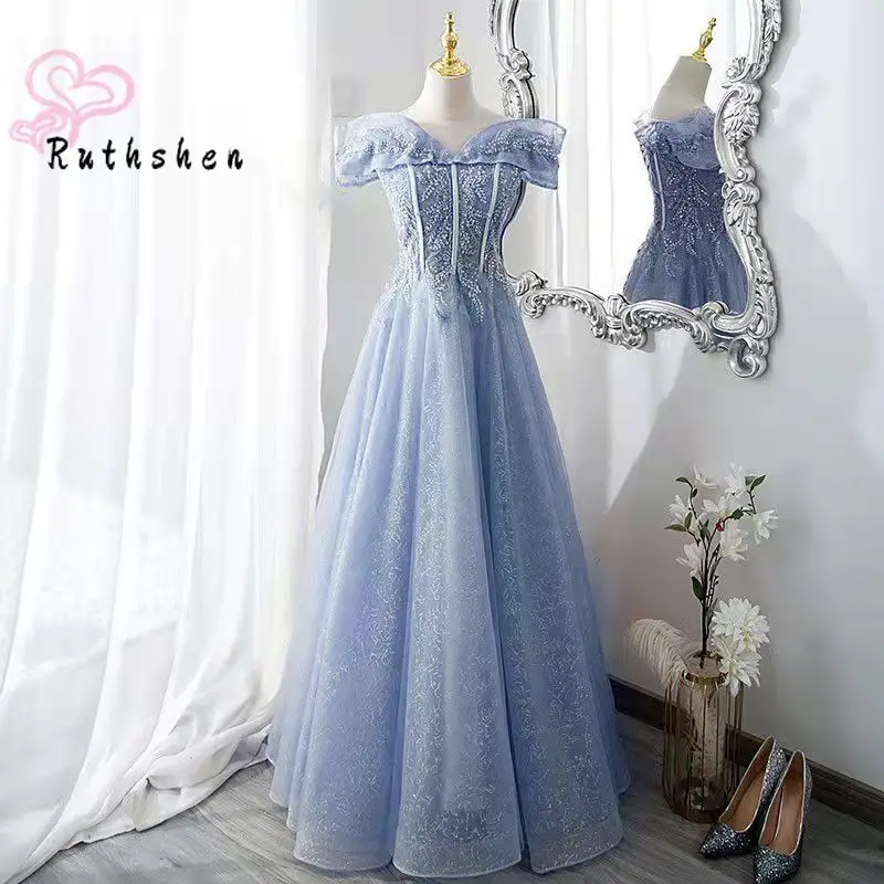 

Evening Gowns for Women Party Night Off The Shoulder Blue Bling Bling A Line Luxury Prom Dresses Long Elegant Vestidos De Noite