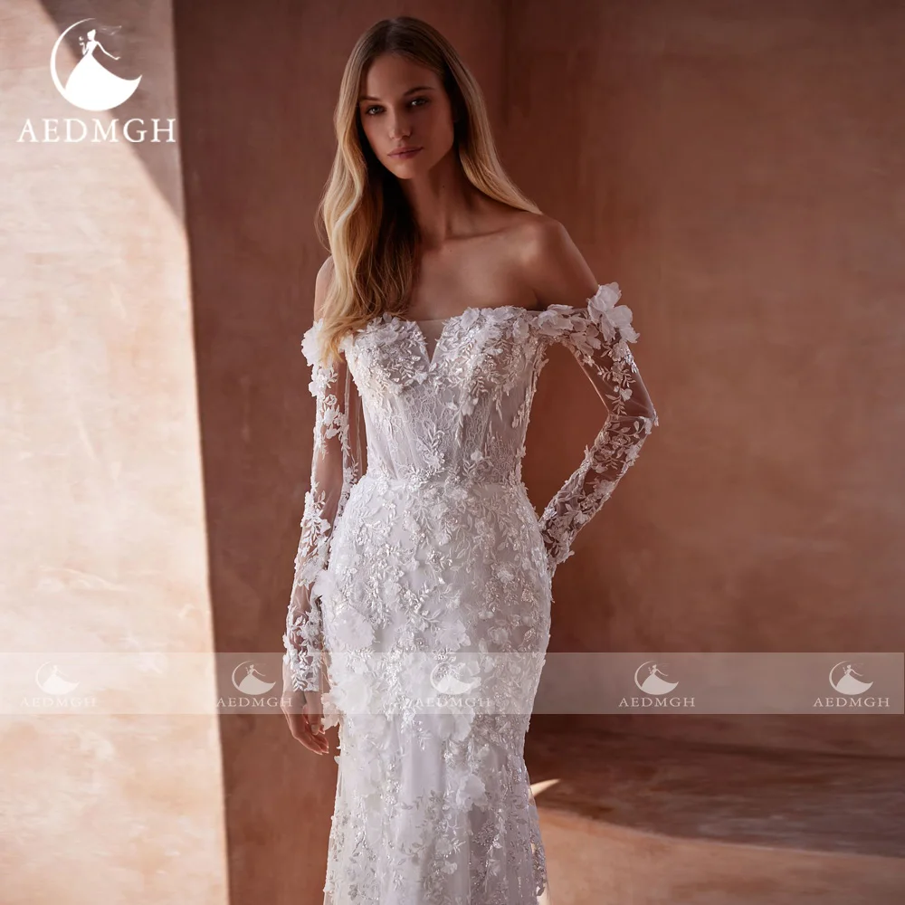 Aedmgh Mermaid Wedding Dresses Boat Neck Off The Shoulder Vestido De Novia Lace Flowers Detachable Train Custom Made Bridal Gown