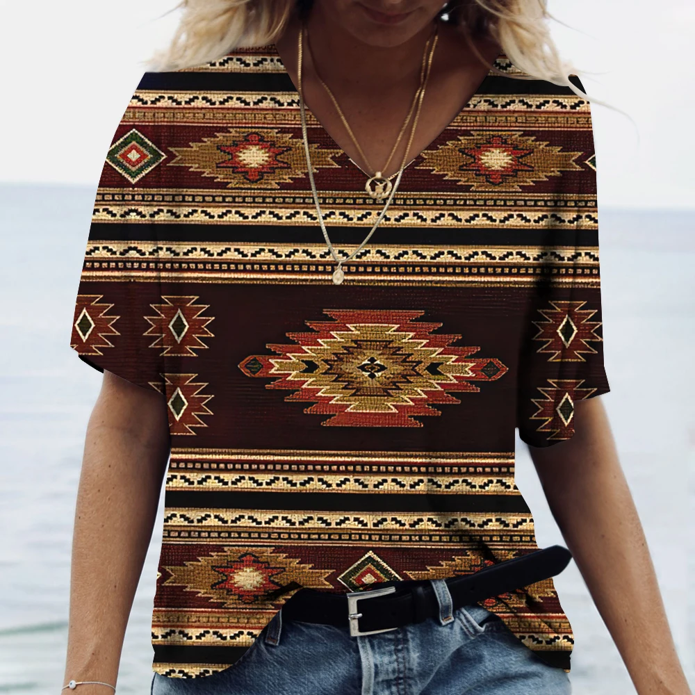 Summer Ethnic Style 3D Printed T-Shirts Women's Fashion Vintage Streetwear Short Sleeve V-Neck T Shirt Tees Tops Woman Clothing