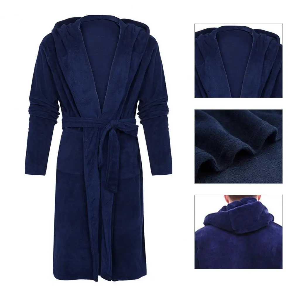 Winter Autumn Men Bathrobe Solid Color Belt Flannel Bath Robe Hooded Pockets Warm Men Nightgown Home Clothes