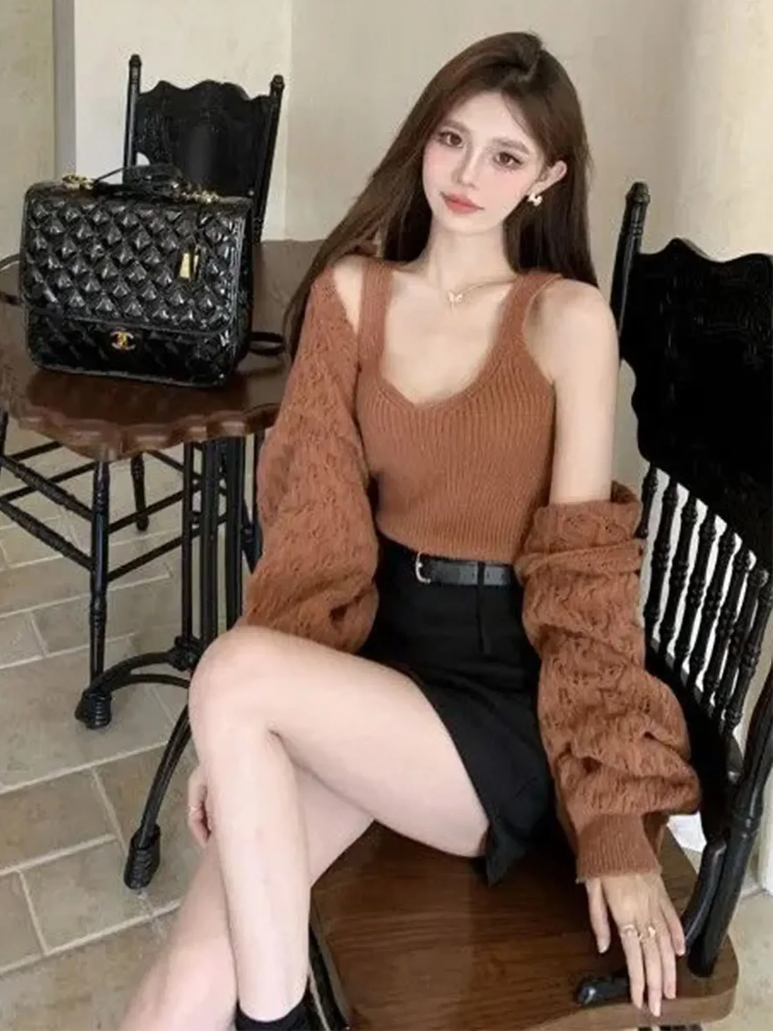 Gagarich Maillard Sweater Set Women Autumn Winter Solid Spicy Girl Camisole Vest Top Outer Cardigan Knitted Sweater 2 Piece Set