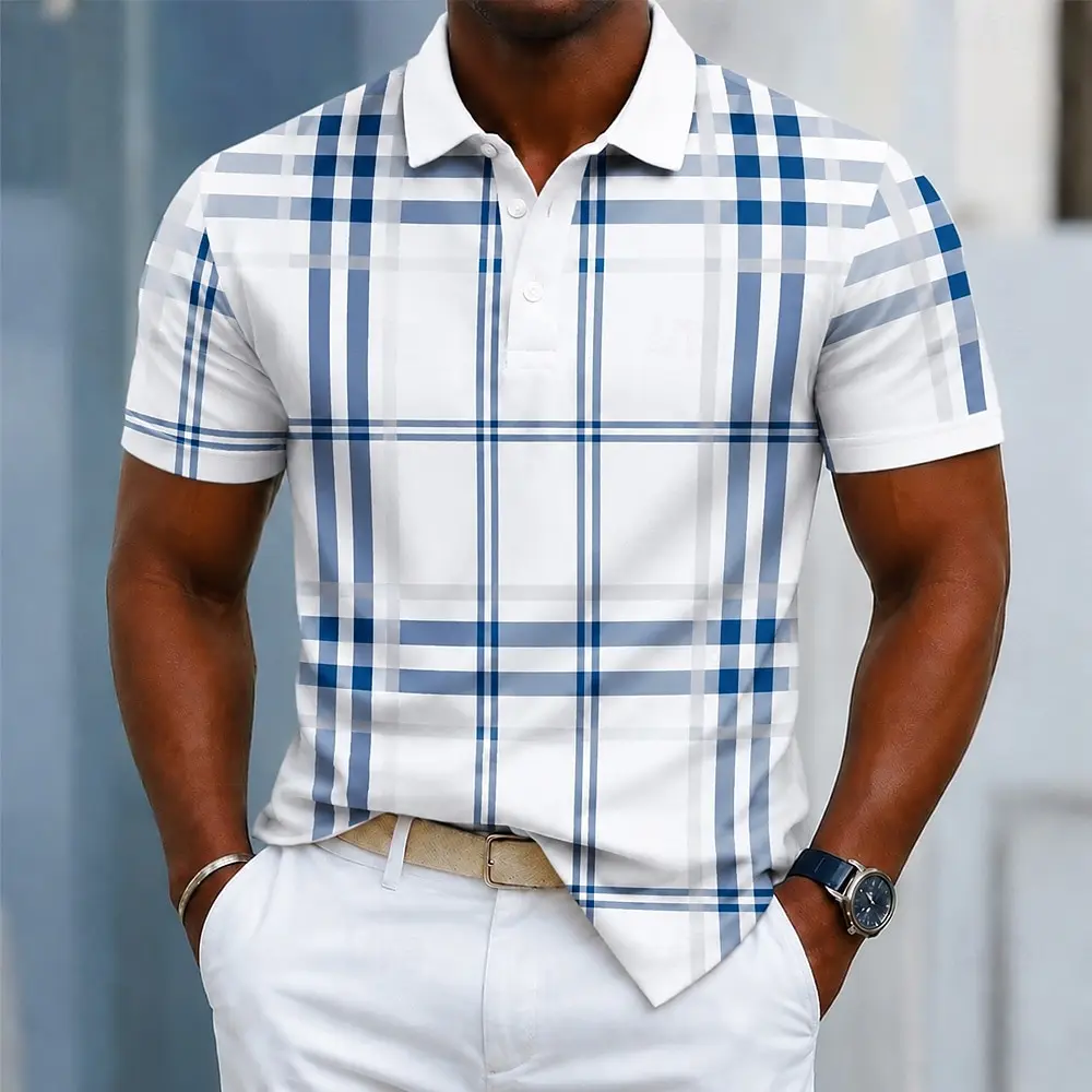 Men's Blue White Classic Plaid Print Polo Shirt, Casual Tops For Spring Summer Daily Streetwear & Smart Casual Occasions