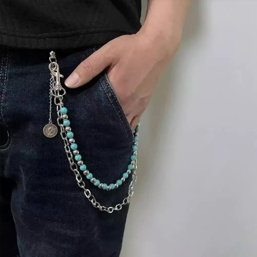 Neue Punk-Hosenkette, hängende Metall-Taillenkette, blaue Perlen, doppellagige Gürtelkette, Geschenke – Detail 9