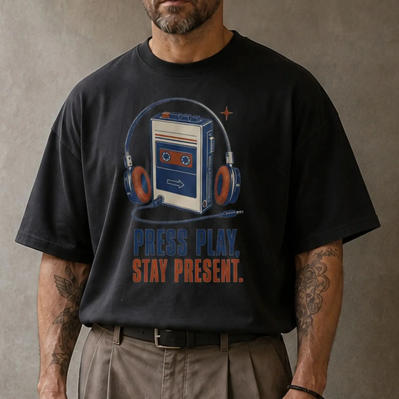 PRESS PLAY, STAY PRESENT Vintage Music Player Heavyweight T-Shirt