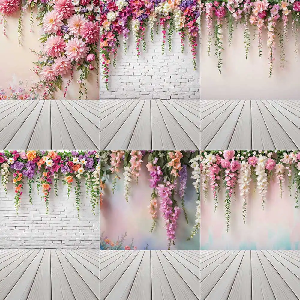 

MOON.QG Pink White Hanging Flower Photograph Studio Background Child Women Portrait Photo Backdrop Brick Wall Photozone Supplies