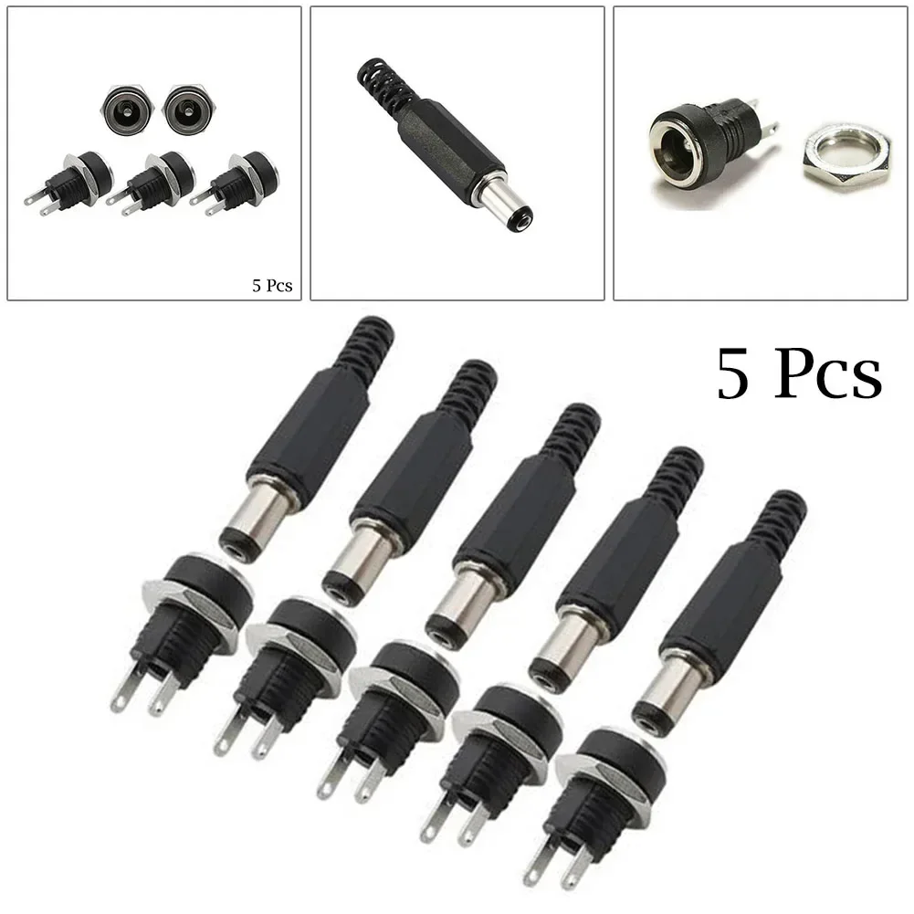5 Pairs DC 12V Male Jack Plug Female Socket Panel Mount Power Connectors Terminals Blocks Electrical Equipment Supplies