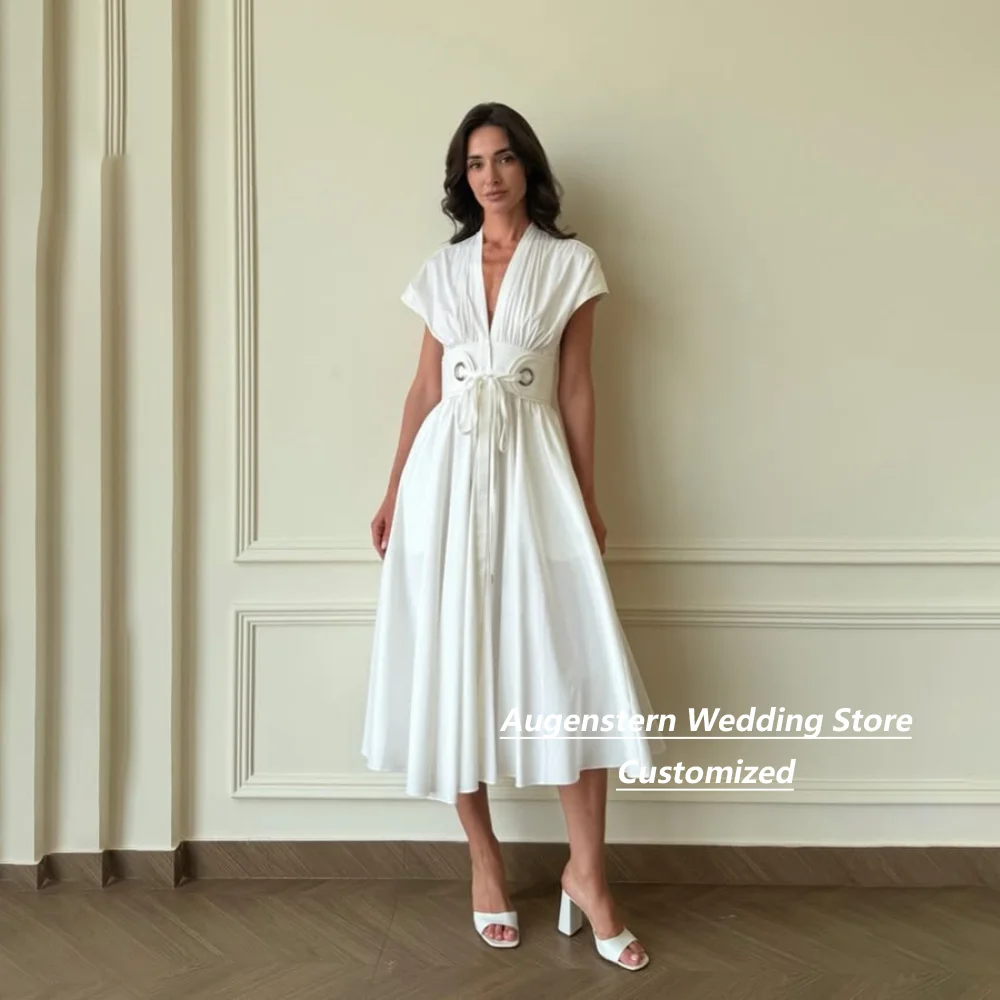 Customized A-Line White Midi Jersey V Neck Mother Of The Bride Gown Cap Sleeve Belted For Wedding Guest Summer Party Dress