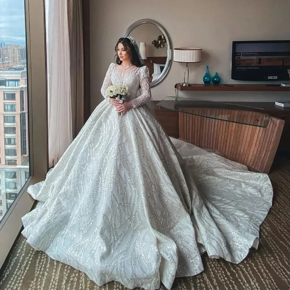 

Vinca Sunny Customzied Ball Gown Wedding Dresses BlingLace Sequined O Neck Vestido Casamento Muslim Bridal Gowns
