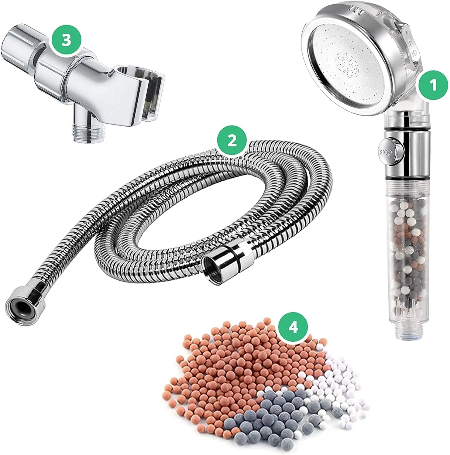 

High Pressure Handheld Shower Head with ON OFF Switch, 3 Spray Settings, Hose, Wall Adapter & Replacement Beads