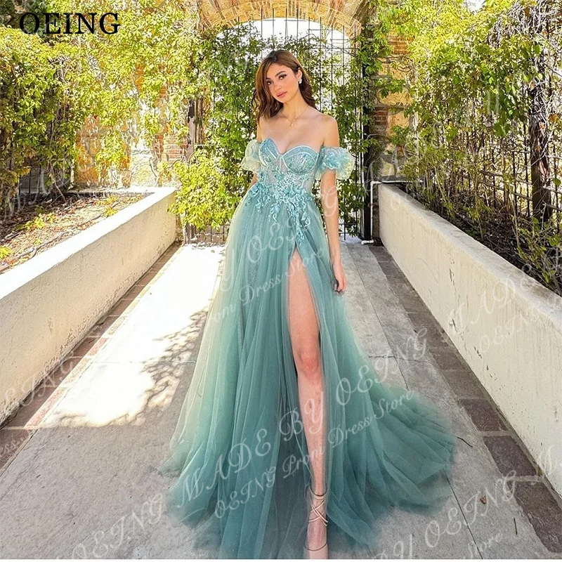 OEING Green A-Line Prom Dresses Elegant Off The Shoulder Side Split Evening Dress Floor-Length Prom Party Gowns 2024