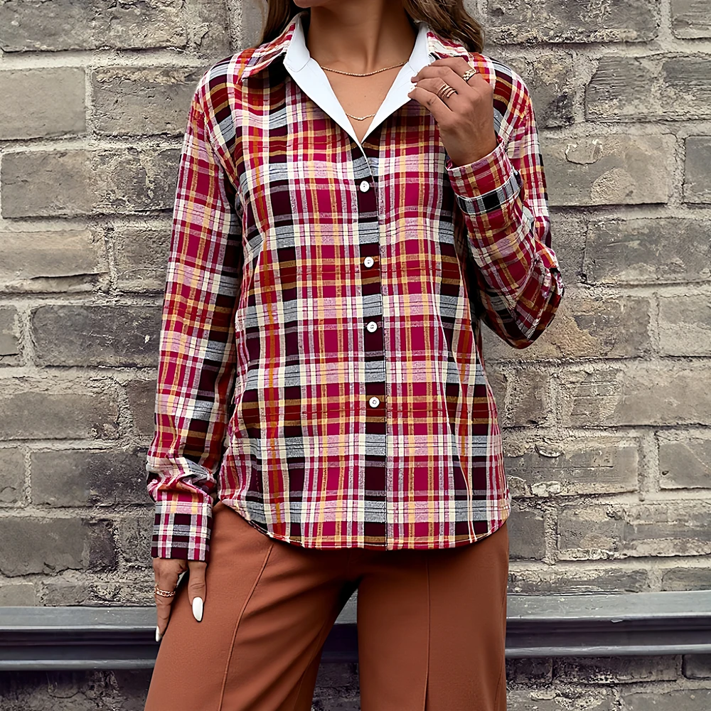 

Mia Muse Autumn Shirts 2025 Women's Decent Plaid Long Sleeve Shirt Collar Button Front Basics Shirts