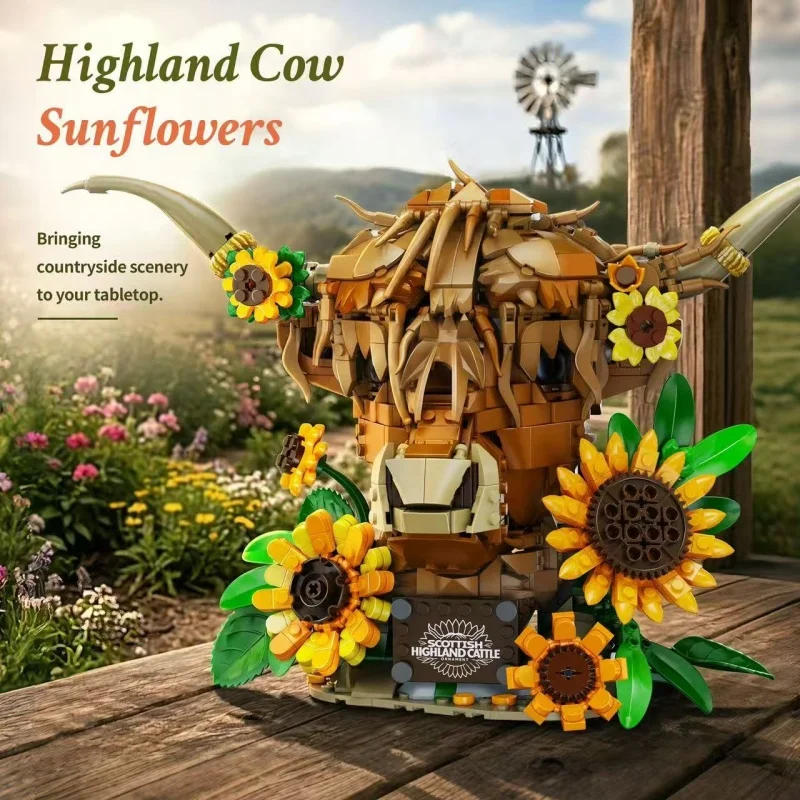 Highland Bull Head Building Block Set, Sunflower Decorated Cow Model, DIY Brick Art Decoration, Home Desktop Ornament Gift, Suit