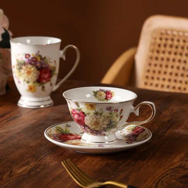 English Vintage Floral Coffee Cup Saucer Set Gold Trim Ceramic Teacup for Afternoon Tea Elegant Court Drinkware Home