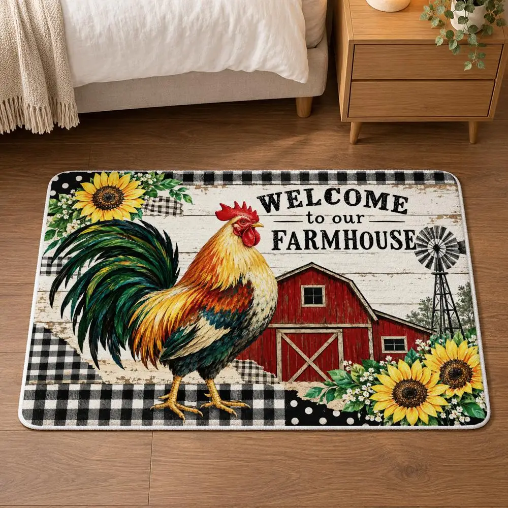 Farmhouse Rooster Floor Mat Flannel Rug Soft Non Slip Door Mat for Bathroom Bedroom Entryway Home Decor Gift