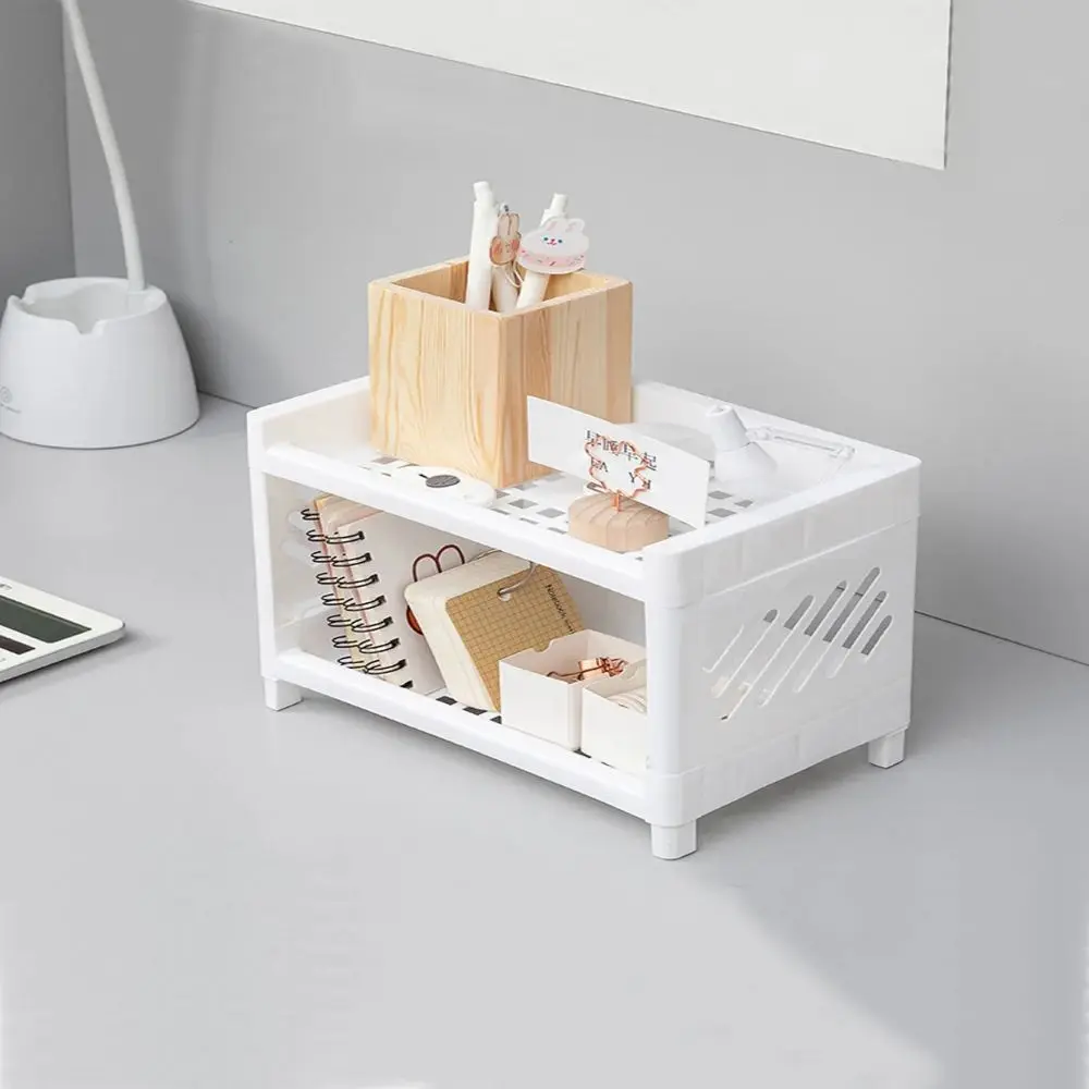 1PC PP Desktop Double Layer Storage Rack Rectangular White Organizing Student Desk Office Cosmetics Stationery