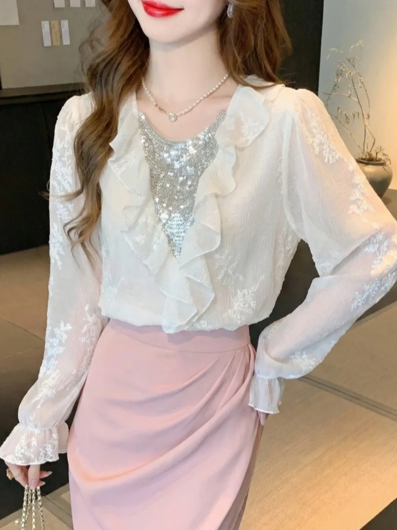 Sweet Lace Trim Chiffon Top Women's V-ne Lantern Sve Design Slimming Commute Gentle Sle Top Spring 2026