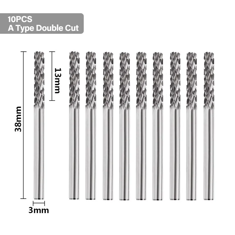 CMCP 10pcs Double Cut Tungsten Carbide Rotary Burr Sets For Dremel Rotary Tools Rotary File RASP 3mm Shank 