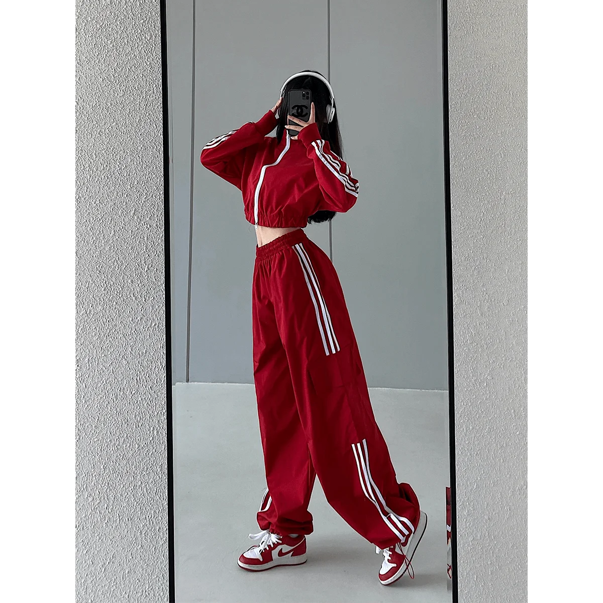 2 Piece Women Clothes Striped Tracksuit Pant Sets Korean Harajuku Fashion Casual Loose Red Joggers Sports Coats Trousers Sets