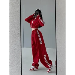 2 Piece Women Clothes Striped Tracksuit Pant Sets Korean Harajuku Fashion Casual Loose Red Joggers Sports Coats Trousers Sets