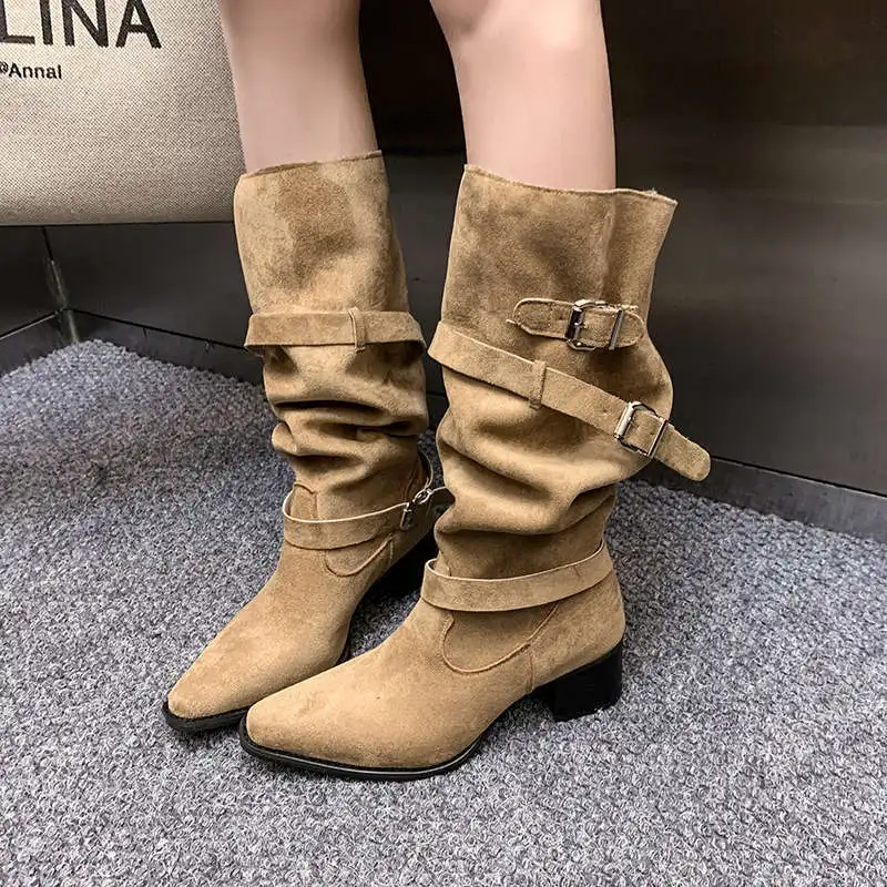 Sharp pointed boots, children's pleated pile boots women's 2026 spring and autumn khaki suede knee high boots