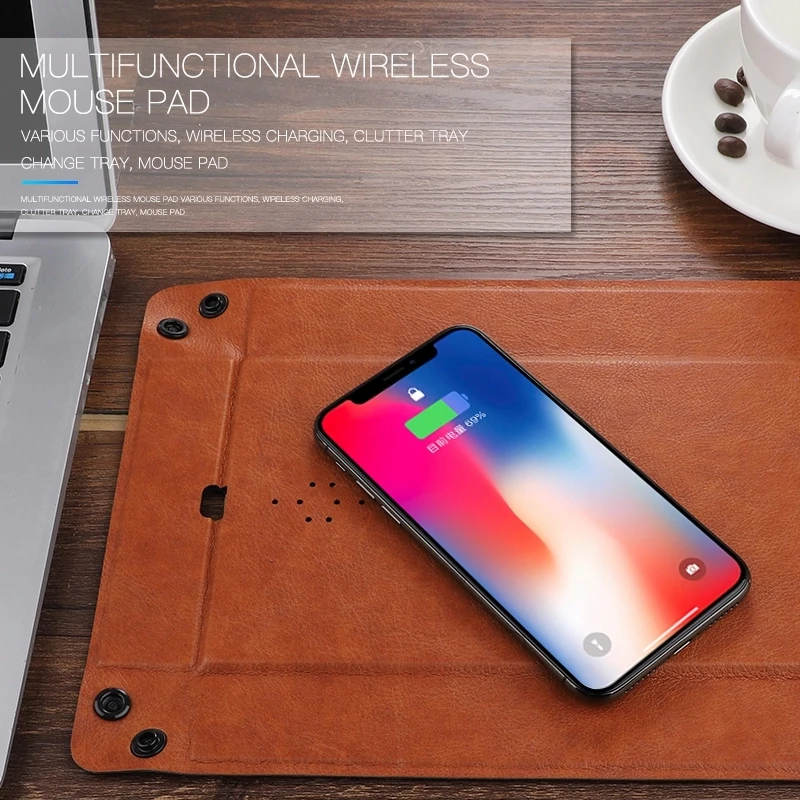 (customized)2 in 1 linen leather wireless charging mouse pad rgb mousepad wirelessdesk organizer tray car station v