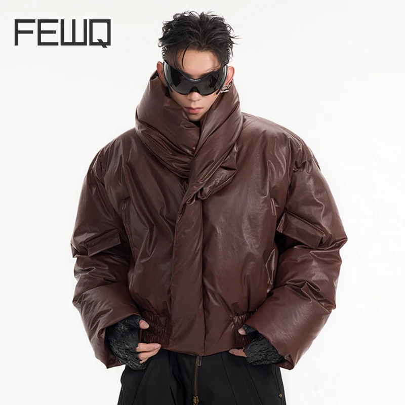 FEWQ Scarf Design Men's Padded Jackets Thickened Solid Color Trendy Tops Stand Collar Loose Male Cotton Coats New Winter 24K1103